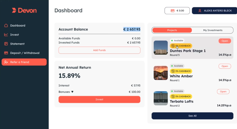 Der Wert meiner P2P-Investments bei Devon liegt bei etwa 2.657 €