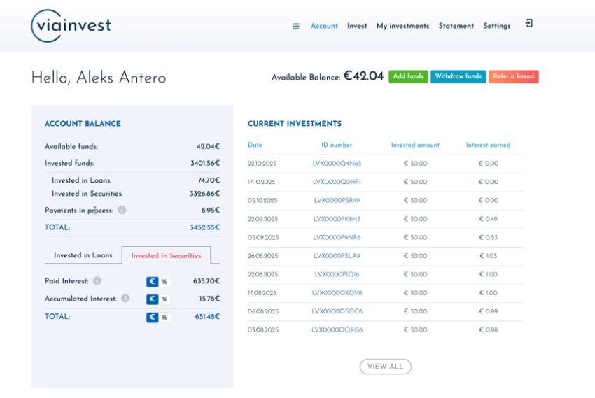 Der Wert meiner P2P-Investments bei Viainvest liegt bei etwa 3.452 €