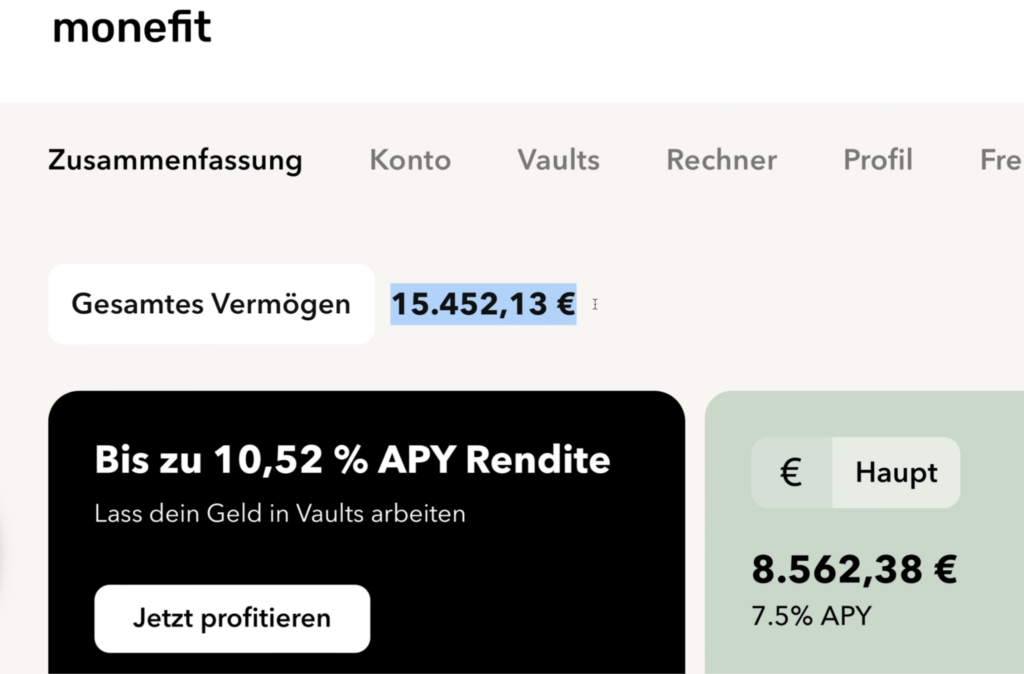 Dashboard von Monefit