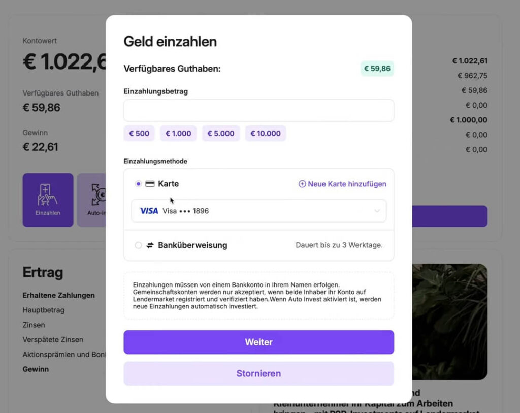 Lendermarket Erfahrungen Geld einzahlen