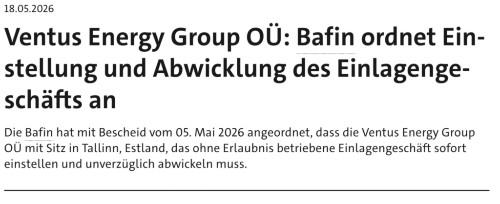 Bafin Meldung zu Ventus Energy Group