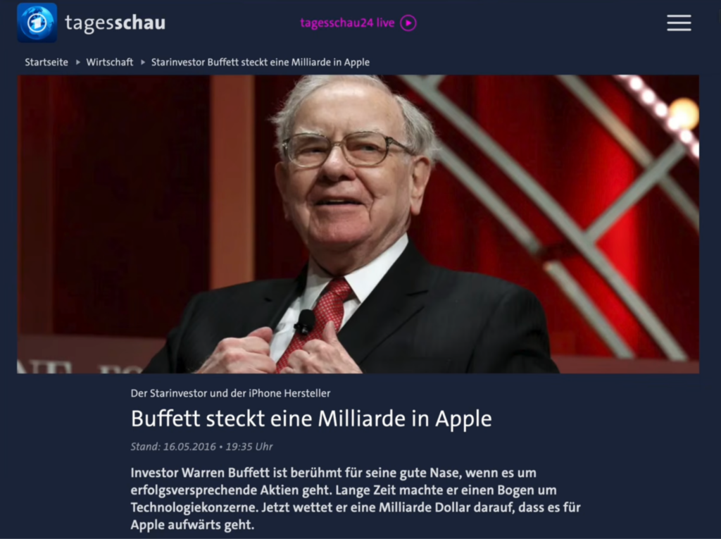 Tagesschau-Ausschnitt: Warren Buffet kaufe Apple Aktien für eine Milliarde Euro