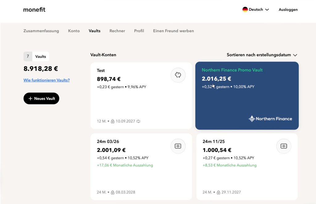 Ich bin selber in Monefit Vaults mit knapp 8.900 € investiert.