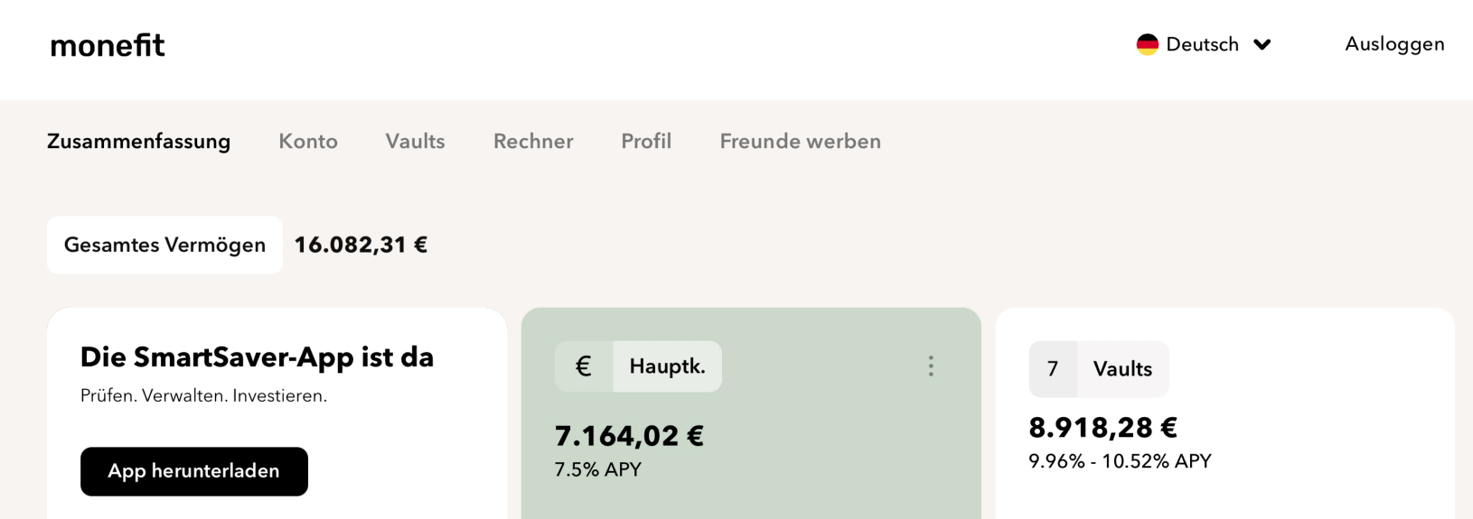 Monefit-Konto von Aleks Bleck: 16.082,31 € Gesamtvermögen, davon 7.164,02 € im Hauptkonto und 8.918,28 € in 7 Vaults